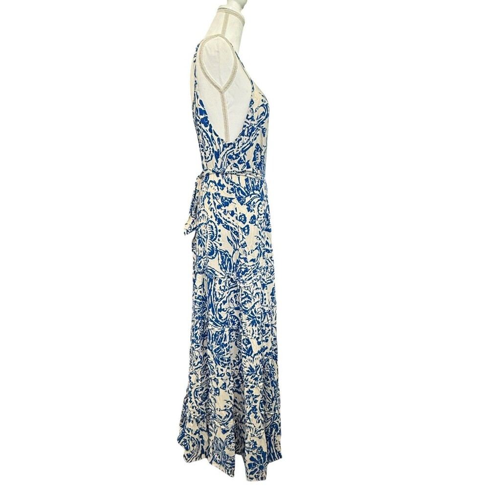MSK Blue Ivory Floral Paisley Tiered Maxi Dress Size L Belted Boho Resort - Picture 5 of 9